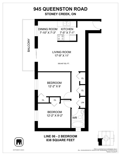 Floor plan for 2 beds, 1 bath, 838 sqft